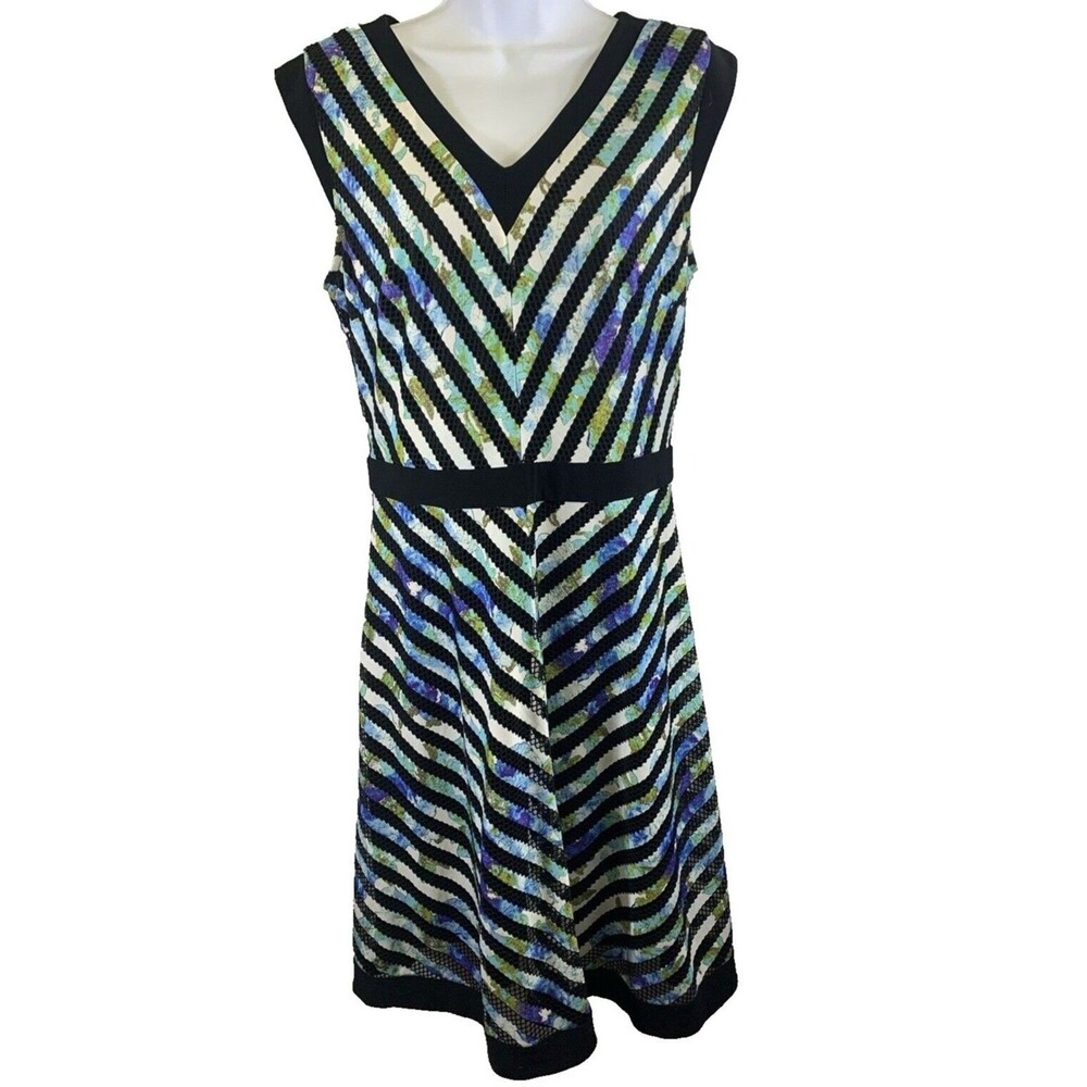Joseph Ribkoff Women's 12 Dress Floral Geometric Eyelet Lined V Neck Sleeveless